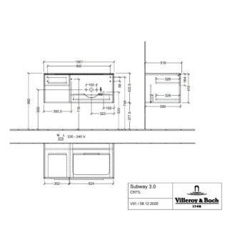 Vannas istabas skapītis Villeroy & Boch Subway 3.0, 41x100x52cm, 2 atvilktnes,  (bez izlietnes) izgriezums labajā pusē, Arizonas ozols C571L0VH