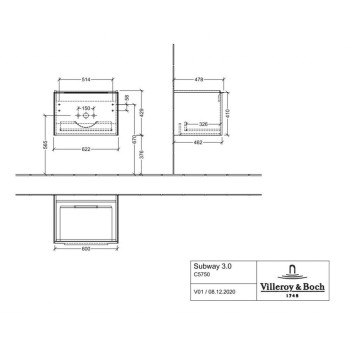 Vannas istabas skapītis Villeroy & Boch Subway 3.0, 62x43x48cm, Kansas Ozols C57500RH