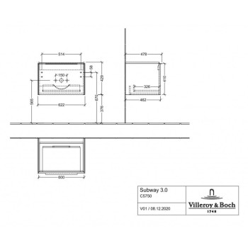 Vannas istabas skapītis Villeroy & Boch Subway 3.0, 62x43x48 cm, Pelēks Kašmirs C57502VN
