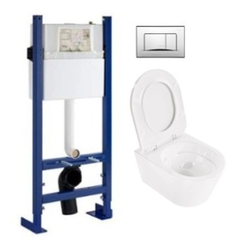 Tualetes poda Komplekts Sanindusa Sanfix rāmis ar Urb.y 48 Rimfree Baltu podu ar vāku SoftClose un Hromētu pogu