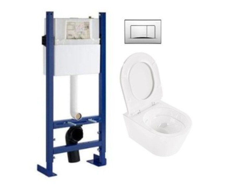 Tualetes poda Komplekts Sanindusa Sanfix rāmis ar Urb.y 48 Rimfree Baltu podu ar vāku SoftClose un Hromētu pogu