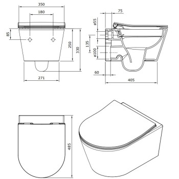 Piekaramais Tualetes Pods Sanindusa Urb.y 48 Rimfree ar Soft Close Easyclip Slim vāku, Pelēks Matēts