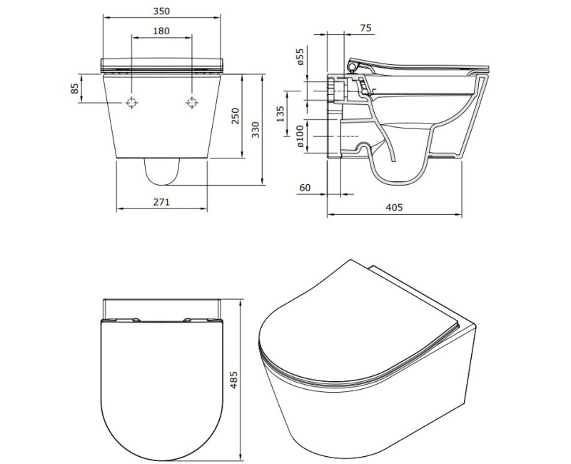 Piekaramais Tualetes Pods Sanindusa Urb.y 48 Rimfree ar Soft Close Easyclip Slim vāku, Pelēks Matēts