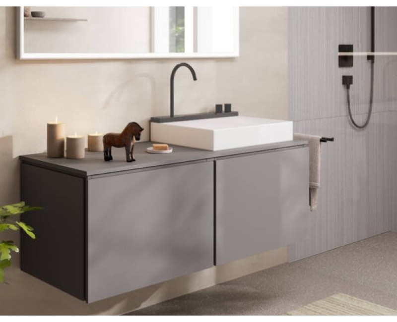 Vannas istabas izlietnes komplekts Hansgrohe Avalegra, izlietne 58x48 cm, ar termostatisko jaucējkrānu un dušu, 2 strūklas, birstēts melns hroms 22472340