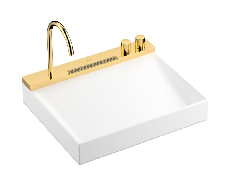 Vannas istabas izlietnes komplekts Hansgrohe Avalegra - izlietne 58x48 cm, ar termostatisko jaucējkrānu un dušu, 2 strūklas, pulēta zelta krāsa 22472990