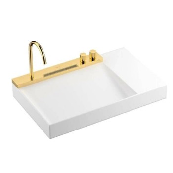 Vannas istabas izlietnes komplekts Hansgrohe Avalegra - izlietne 78x48 cm, ar termostatisko jaucējkrānu un dušu, 2 strūklas, pulēta zelta krāsa 22473990