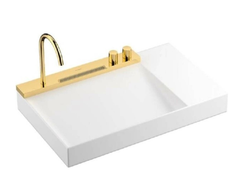 Vannas istabas izlietnes komplekts Hansgrohe Avalegra - izlietne 78x48 cm, ar termostatisko jaucējkrānu un dušu, 2 strūklas, pulēta zelta krāsa 22473990