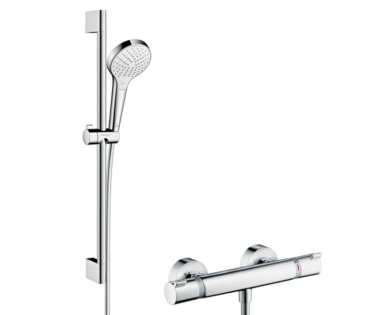 Dušas sistēma Hansgrohe Croma Select S ar termostatu, 3 plūsmas veidi, dušas stienis 65 cm, balts/hroms 27013400