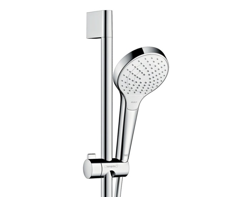 Dušas sistēma Hansgrohe Croma Select S ar termostatu, 3 plūsmas veidi, dušas stienis 65 cm, balts/hroms 27013400
