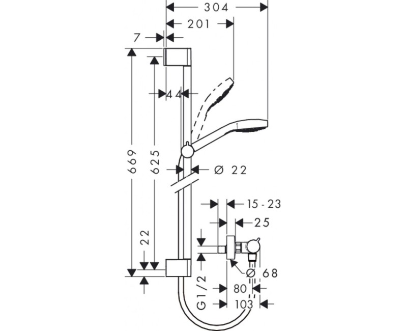 Dušas sistēma Hansgrohe Croma Select S ar termostatu, 3 plūsmas veidi, dušas stienis 65 cm, balts/hroms 27013400