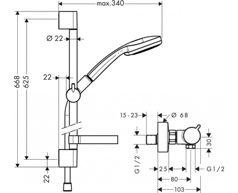 Душевой набор Hansgrohe Croma 100 с термостатом, 3 режима струи, EcoSmart 9 л/мин, хром 27032000