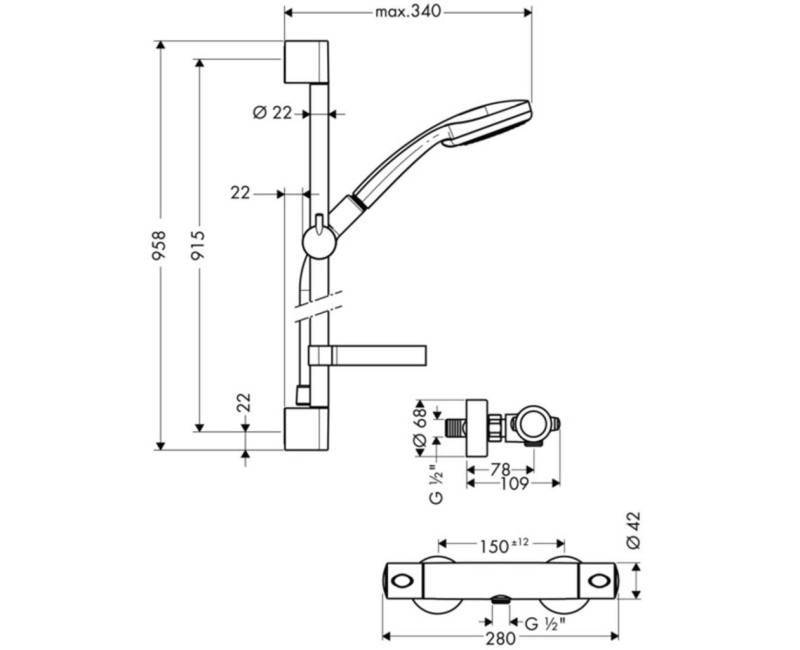 Душевая система Hansgrohe Croma 100 с термостатом, 3 режима струи, штанга 90 см, хром 27085000