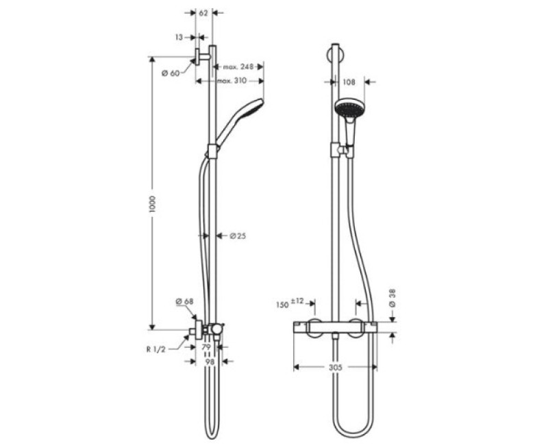 Dušas sistēma Hansgrohe Croma Select S SemiPipe Multi ar termostatu, balts/hroms 27247400