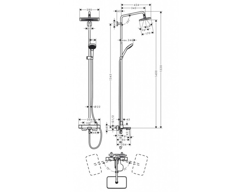 Dušas sistēma Hansgrohe Croma ar vannas termostatu, 28x17 cm, 3 plūsmas veidi, hroms 27687000