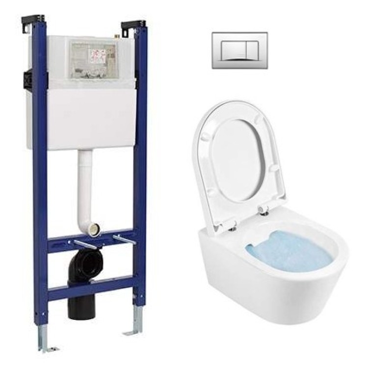 Tualetes poda Komplekts Sanindusa Sanfix rāmis ar Urb.y 48 Rimfree Baltu podu ar vāku SoftClose un Hromētu pogu