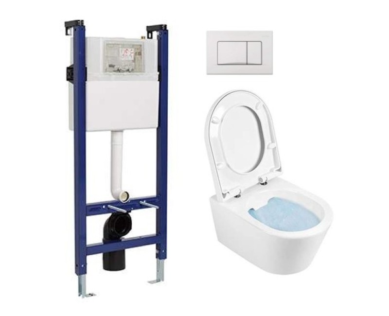 Tualetes poda Komplekts Sanindusa Sanfix rāmis ar Urb.y 48 Rimfree Baltu podu ar vāku SoftClose un Baltu pogu