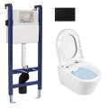 Tualetes poda Komplekts Sanindusa Sanfix rāmis ar Urb.y 48 Rimfree Baltu podu ar vāku SoftClose un Melnu pogu