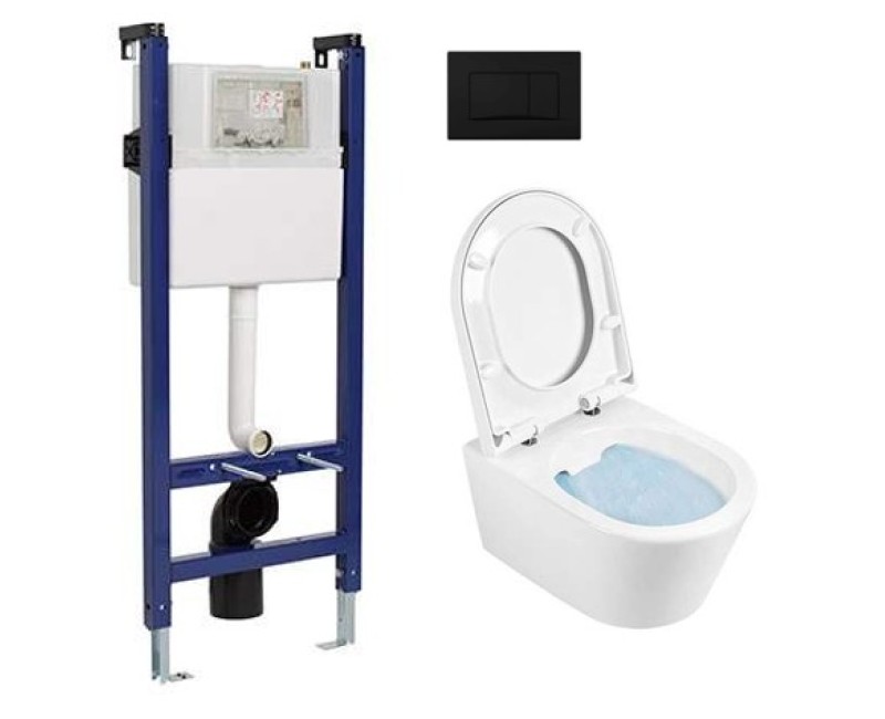 Tualetes poda Komplekts Sanindusa Sanfix rāmis ar Urb.y 48 Rimfree Baltu podu ar vāku SoftClose un Melnu pogu