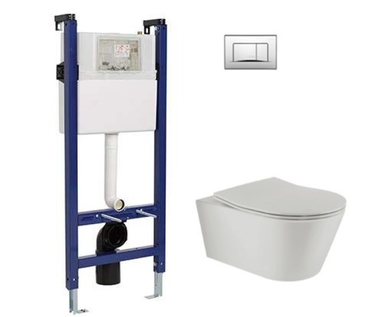 Tualetes poda Komplekts Sanindusa Sanfix rāmis ar Urb.y 48 Rimfree pelēku podu ar vāku SoftClose un Baltu pogu