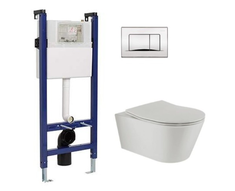 Tualetes poda Komplekts Sanindusa Sanfix rāmis ar Urb.y 48 Rimfree pelēku podu ar vāku SoftClose un Hromētu Satīna pogu