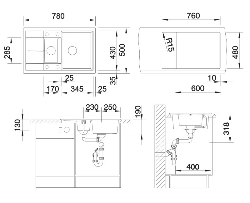 Кухонная мойка BLANCO METRA 6 S компактная SILG PDUR Black M. AF Black, SILGRANIT™ 525925