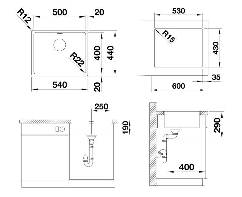 Кухонная мойка BLANCO ANDANO 500-IF SATIN InFino O.AF Stainless steel, Satin shiny shiny 522965