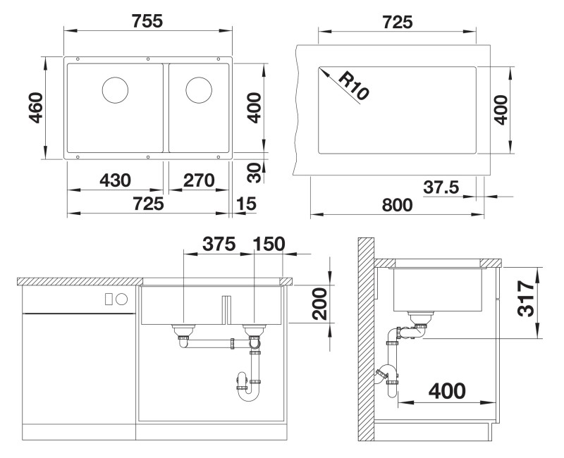 Кухонная мойка BLANCOSUBLINE 430/270-U SILG PDUR Rock grey InFino O.AF SILGRANIT™, PuraDur™, Stone grey 523152