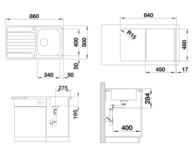 Кухонная мойка BLANCO DINAS 45 S O.AF из полированной нержавеющей стали с управлением сливом 523378