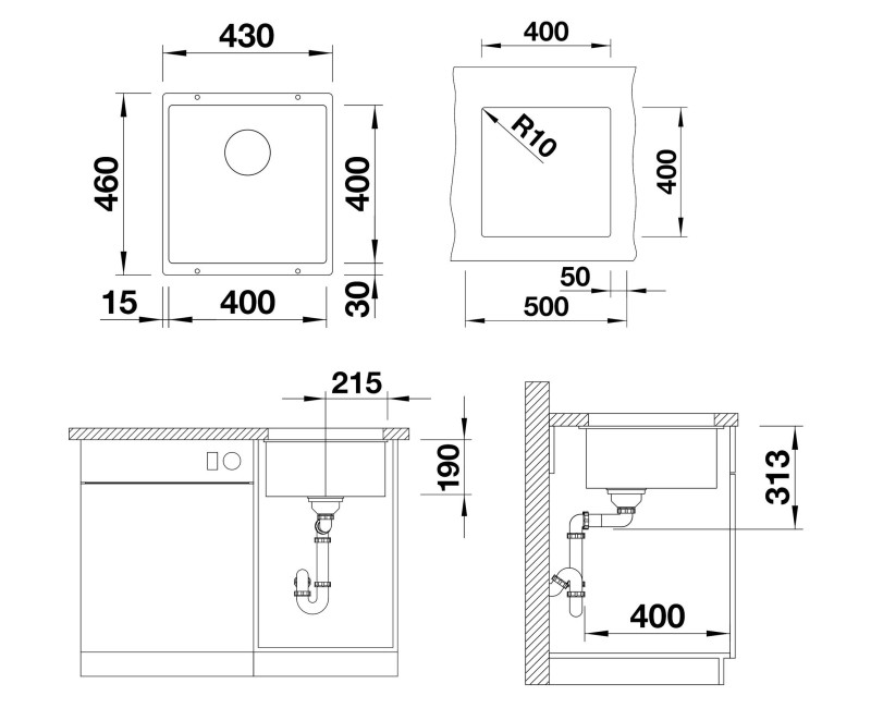 Кухонная мойка BLANCO SUBLINE 400-U SILG PDUR Black InFino O.AF Black, SILGRANIT™ 525990