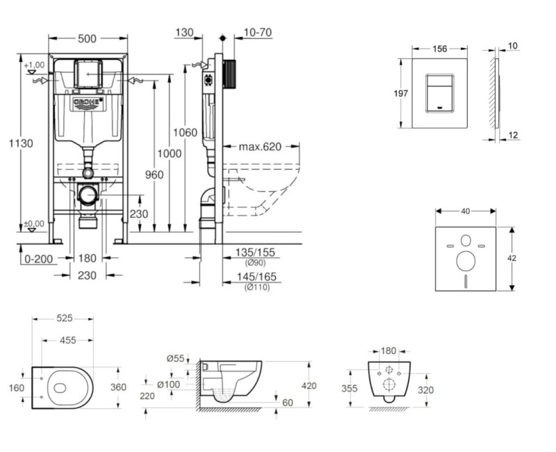 Tualetes poda komplekts Grohe Rapid SL ar Podu Kielle Oudee Vortex Rimless un SoftClose vāku, Skate Cosmopolitan poga, Balta 11BA3108