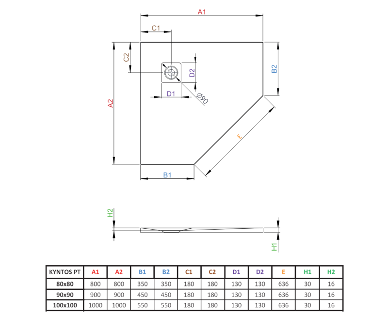 Dušas paliktnis, labais Kyntos PT 800 x 800 mm, Piecstūrveida  balts. IZPĀRDOŠANA