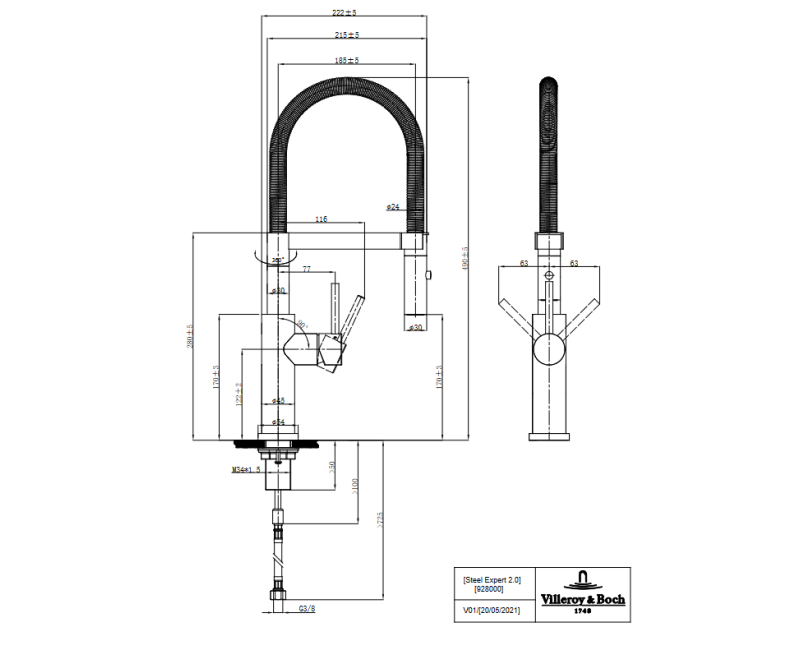 Virtuves maisītājs Villeroy & Boch Steel Expert 2.0, elastīga izteka, izvelkams, Nerūsējošais tērauds 928000LC