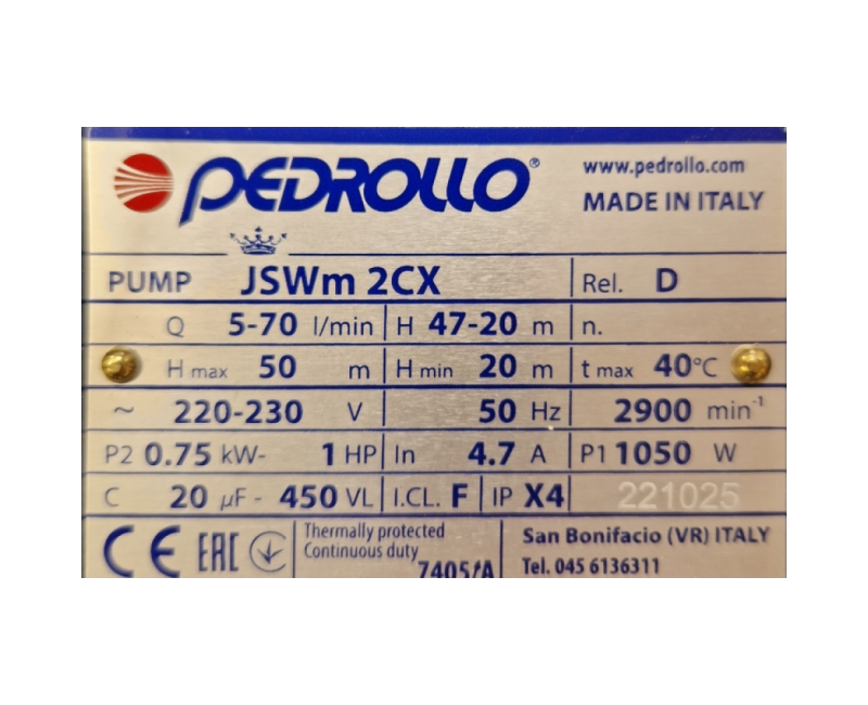 Водяной насос с Гидрофором Pedrollo JSWm2CX-60 APT(0,75 кВт ~230 В)