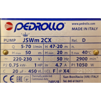 Водяной насос с Гидрофором Pedrollo JSWm2CX-60 CL (0,75 кВт ~230 В)