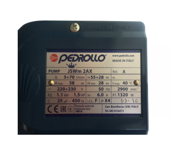 Водяной насос с Гидрофором Pedrollo JSWm2AX-80 CL(1.1кВт ~230В)