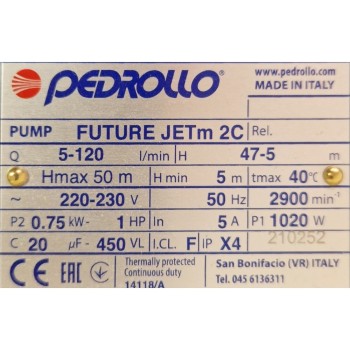 Насос для подачи воды Pedrollo FUTURA JET2C (0,75 кВт ~220 В)