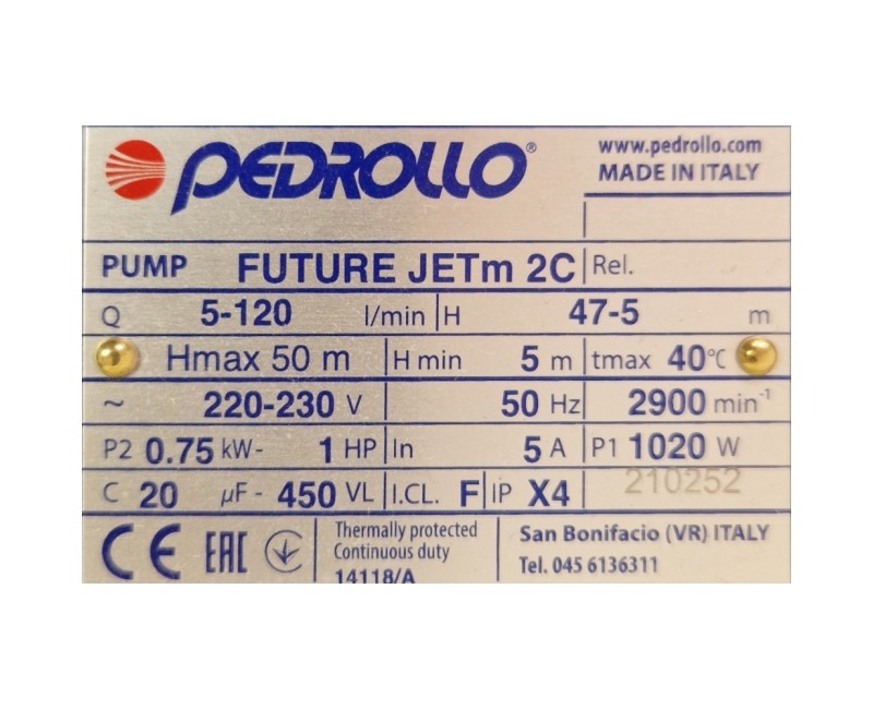 Насос для подачи воды Pedrollo FUTURA JET2C (0,75 кВт ~220 В)