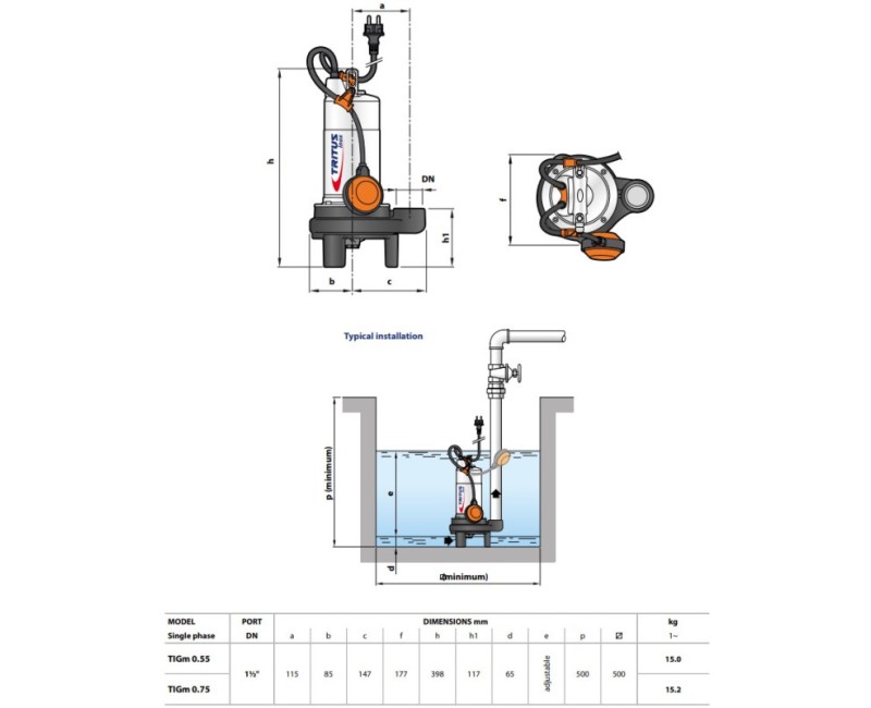 Погружной насос Pedrollo TRITUS TIG (0,75 кВт ~230 В)