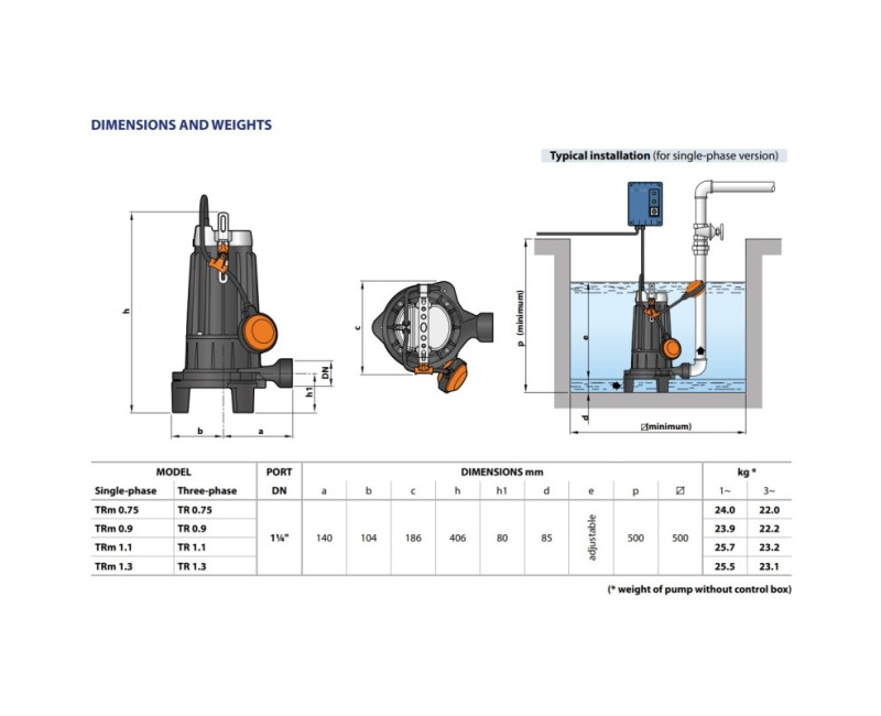Погружной насос Pedrollo TRITUS TRM (1,3 кВт ~230 В) с измельчителем и поплавком