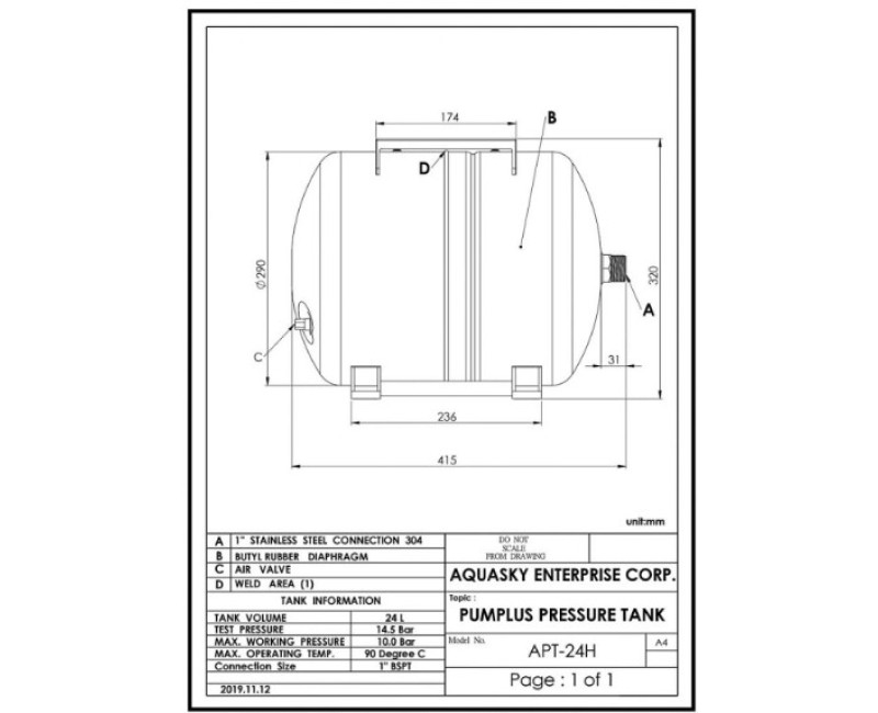 Hidrofors (Spiedkatls) AQUASKY PLUS horizontāls 24L APT-24H