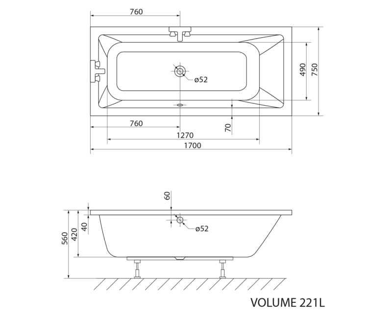 Vanna Aqualine NISA, 170x75x42 cm, akrila, balta A1775