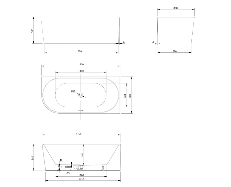 Brīvstāvošā vanna Aqualine Tibera, 170x80 cm, akrila, labā, stūra, balta E1015