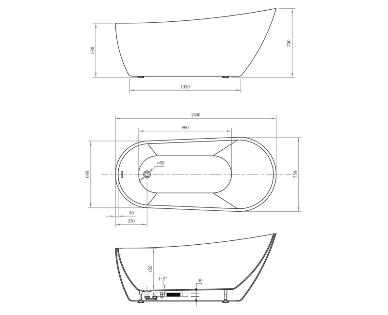 Отдельностоящая ванна Aqualine Tisa, 150x75 см, литой акрил, белая E1575