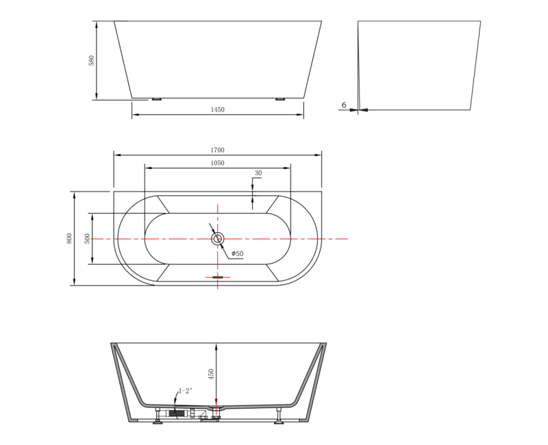 Отдельностоящая ванна Aqualine Tajo, 170x80 см, литой акрил, белая E1980