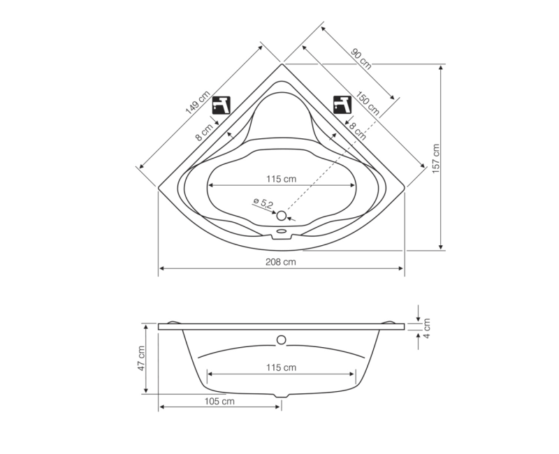 Vanna Aqualine Dunaj II, 150x150x48 cm, akrila, stūra, balta G1350