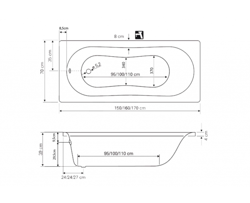 Vanna Aqualine JIZERA, 150x70x39 cm, akrila, balta G1570