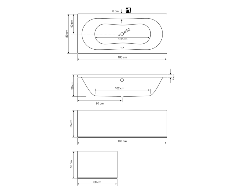 Vanna Aqualine JIZERA, 180x80x39 cm, akrila, balta G1880