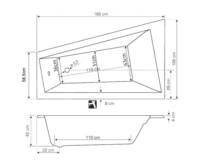 Vanna Aqualine METUJE, 160x100x42 cm, akrila, kreisā, balta G2610