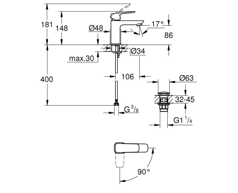 Vannas istabas izlietnes maisītājs GROHE Cubeo S-Size Melns Matēts 1017322430