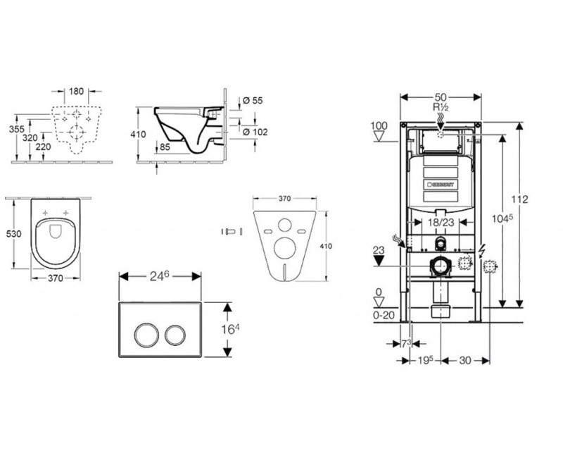 Комплект для унитаза Geberit Duofix с рамой и Rimfree унитазом Villeroy & Boch с крышкой SoftClose, кнопка Sigma30 Chrome